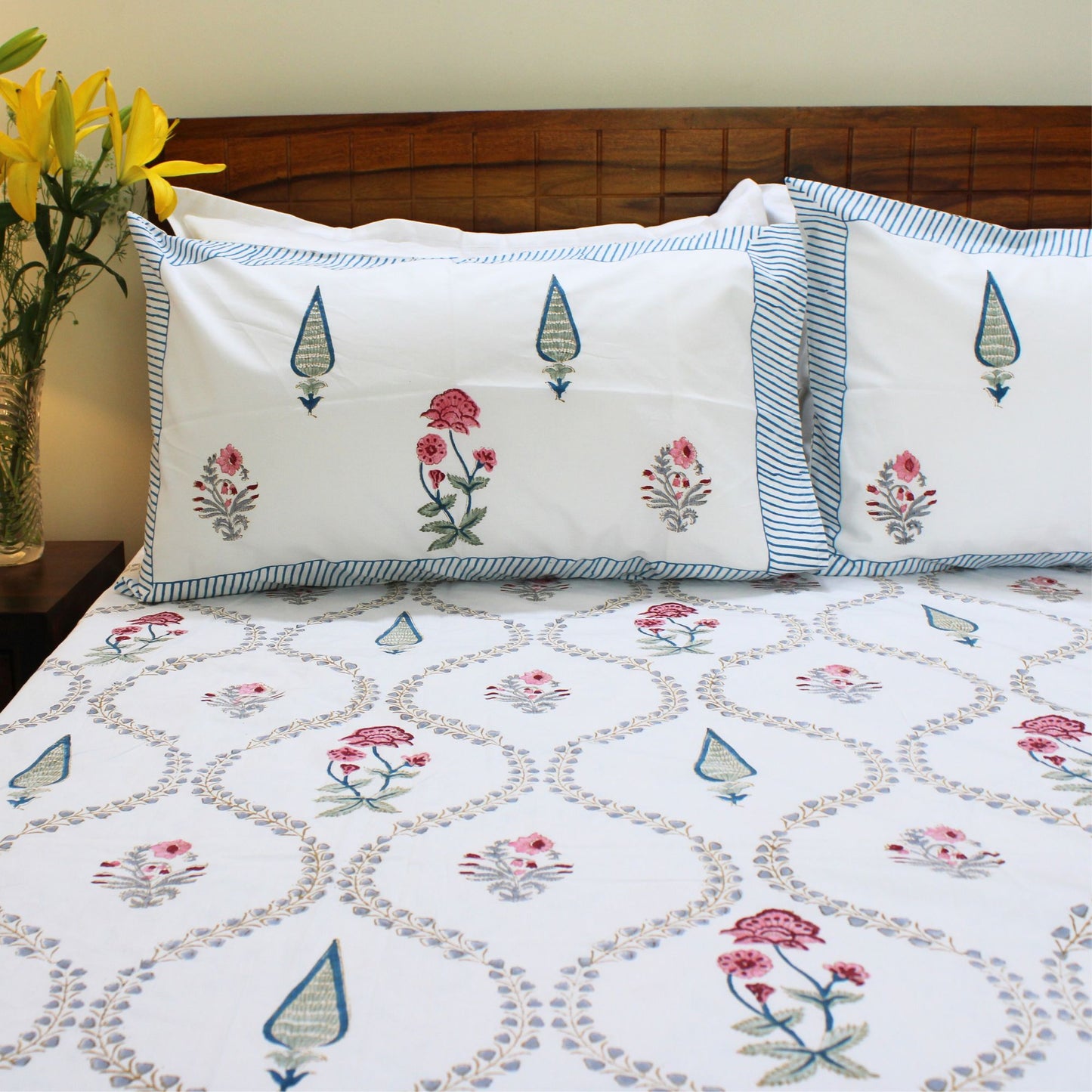 100% Cotton, handblock-printed, vibrant hues, serene comfort, artisanal craftsmanship