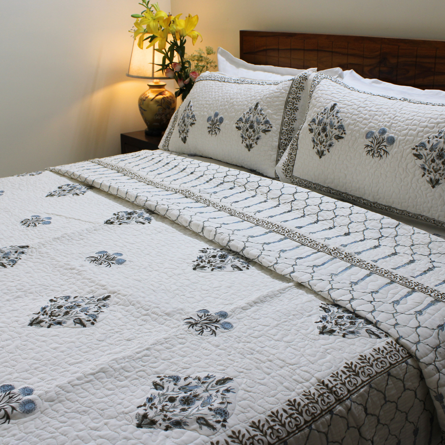 Cotton, hand block printed, pure cotton layer, quilted with precision, artisanal craftsmanship, luxurious comfort, unique design
