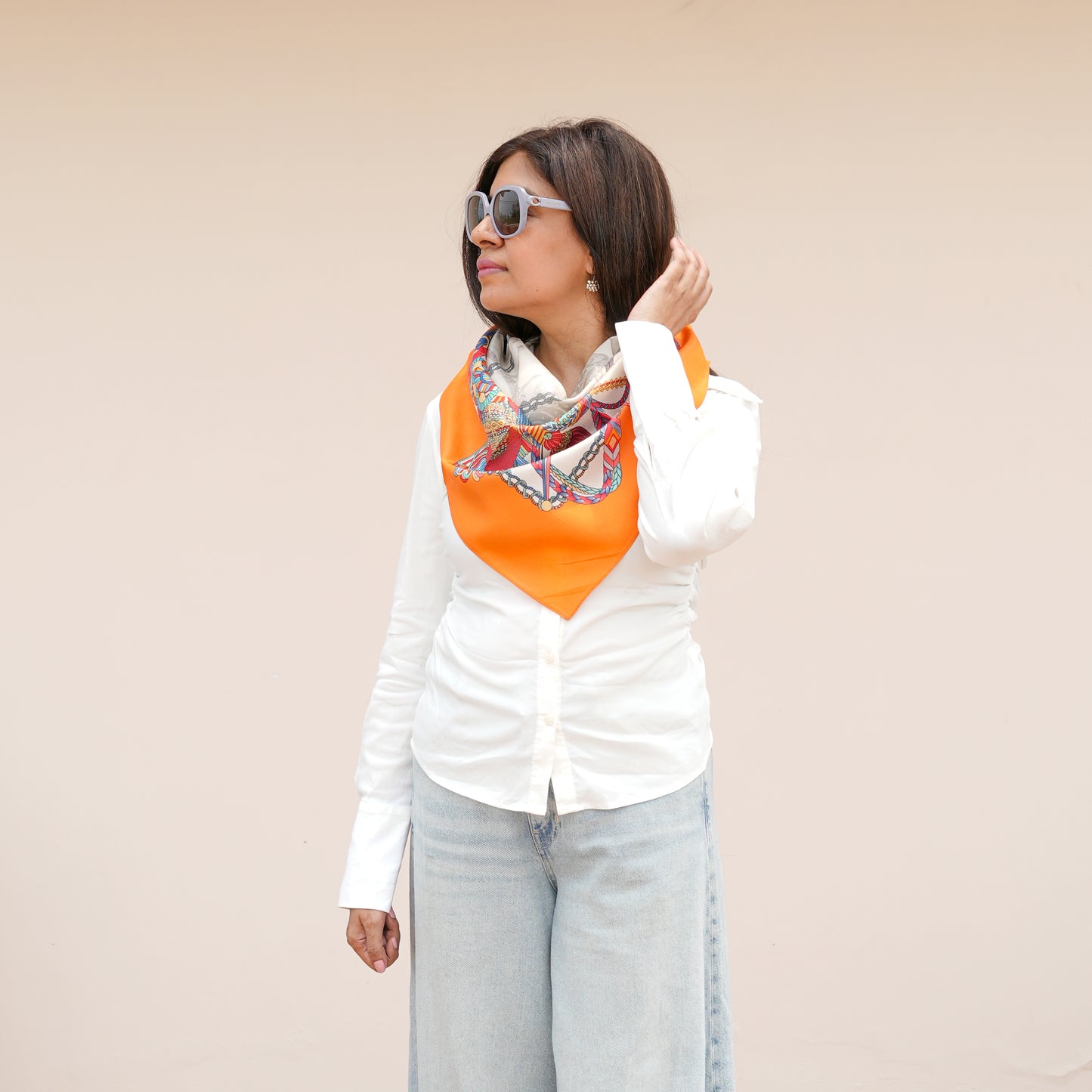 Pure Silk, intricate equestrian-inspired patterns, striking blue border, sumptuously soft, beautiful drape, luxurious feel