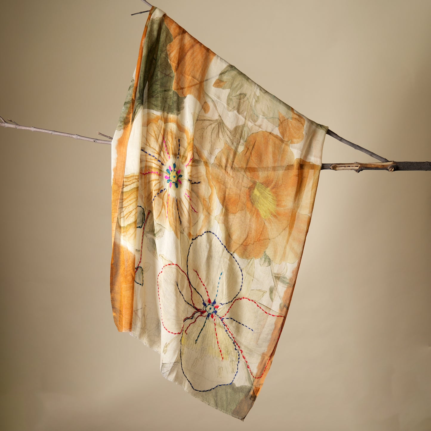 Modal Cotton Blend, Artistic Print, Delicate Embroidery, Lightweight and Breathable, Artisanal Charm, Subtle Texture