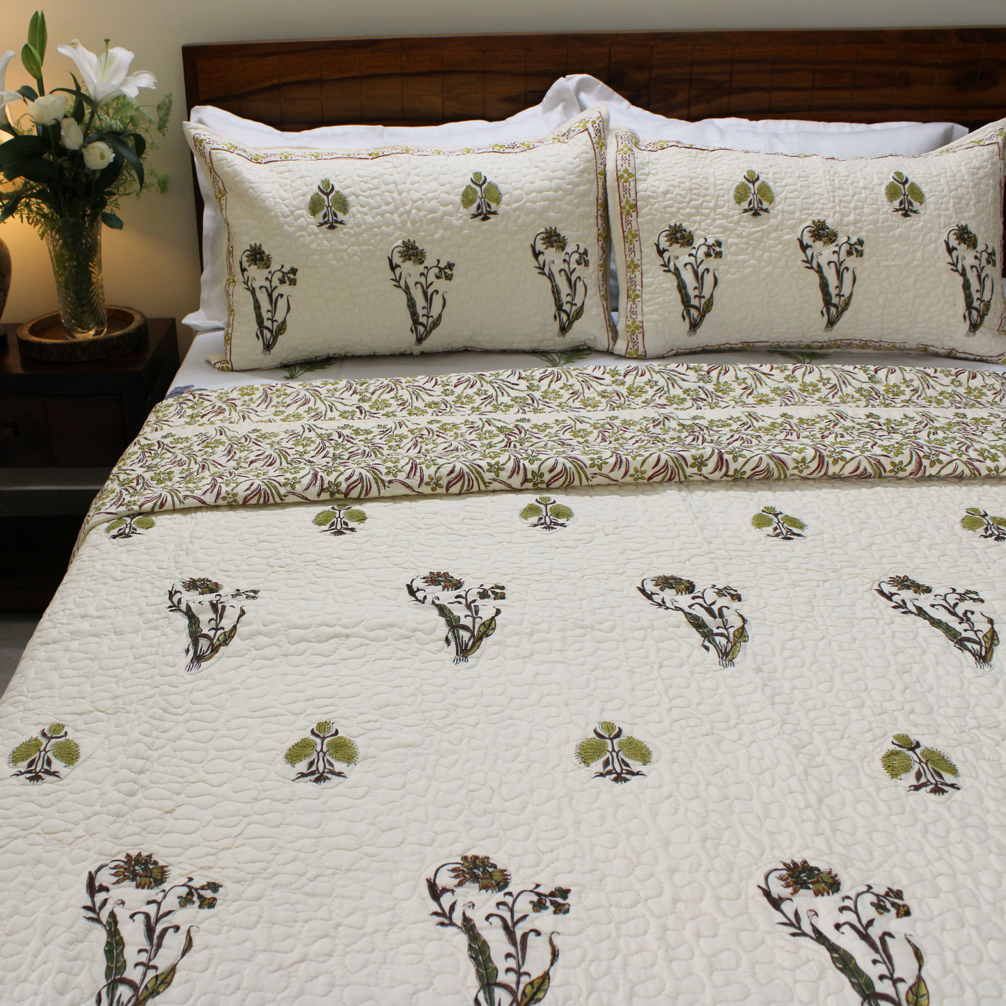 Hand-block printed cotton, artisanal craftsmanship, sumptuous comfort, unique design, two quilted pillow covers included