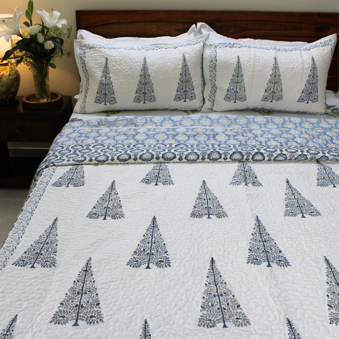 Cotton, hand block printed, lightweight, breathable, exquisitely quilted