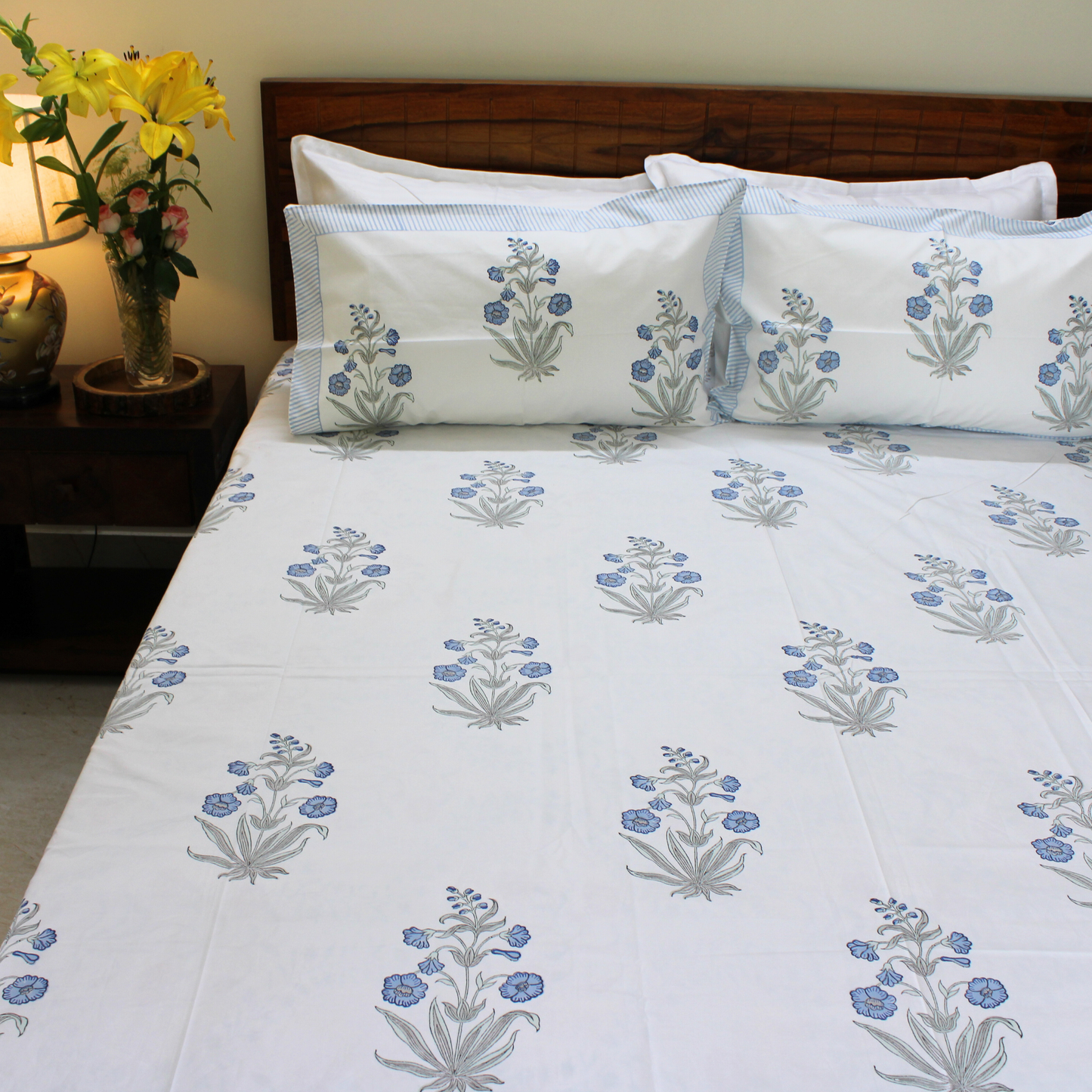 100% Cotton, handblock-printed, vibrant hues, serene comfort, fresh and artistic design