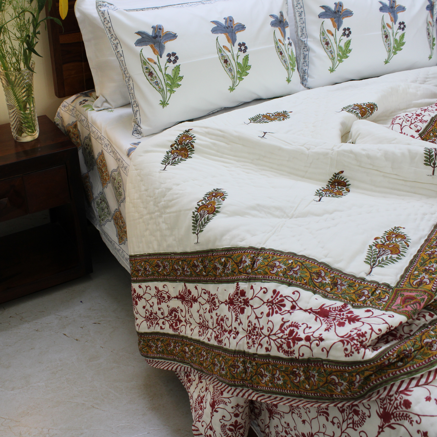 Organic Cotton, Hand Block Printed, Mughal Garden Motifs, Luxurious Comfort, Traditional Indian Artistry
