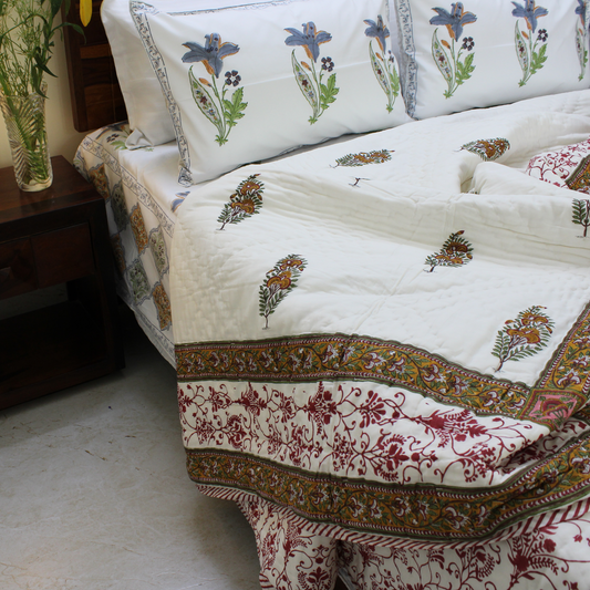 Organic Cotton, Hand Block Printed, Mughal Garden Motifs, Luxurious Comfort, Traditional Indian Artistry
