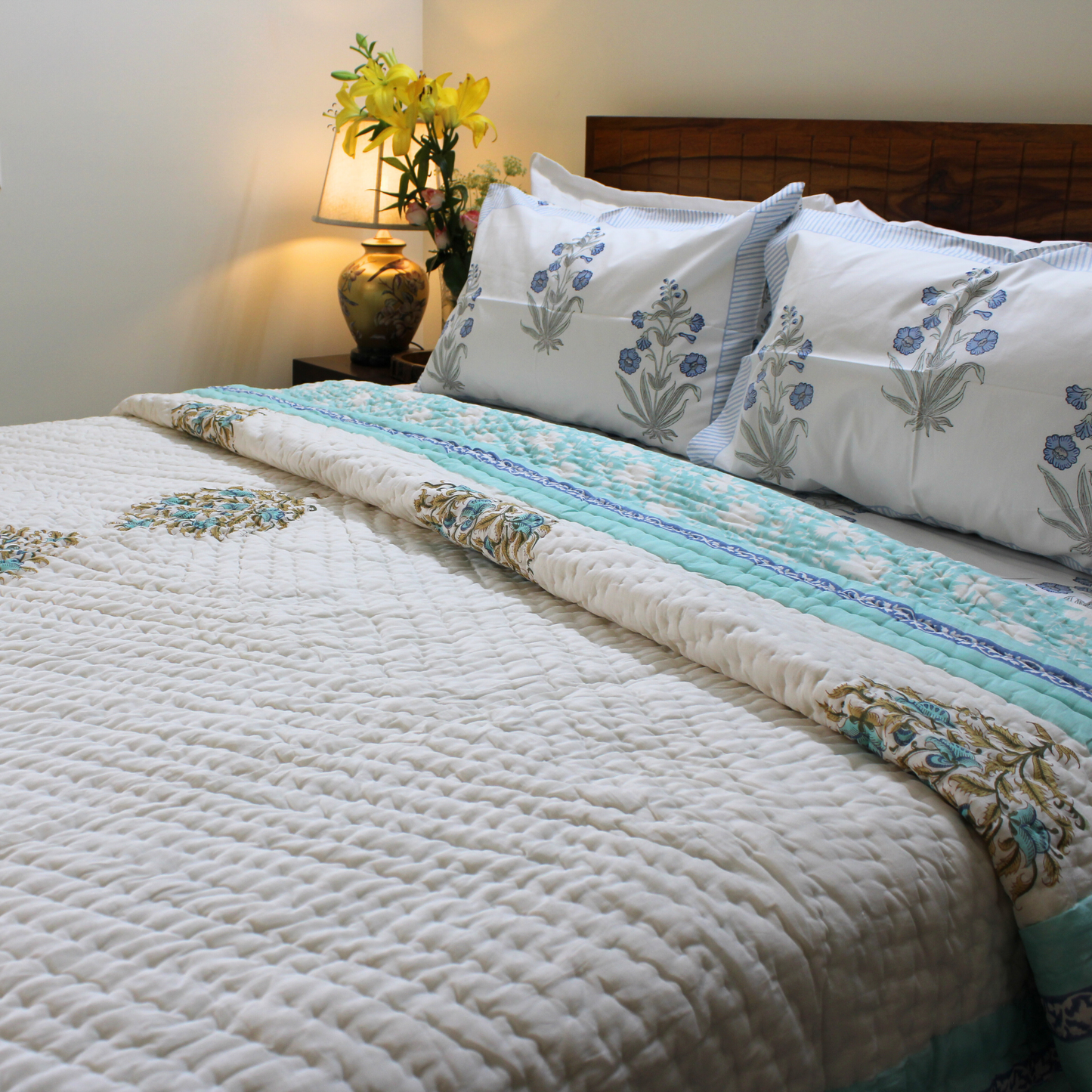 Hand block printed organic cotton, traditionally fluffed and carded, breathable, luxurious feel, inspired by nature