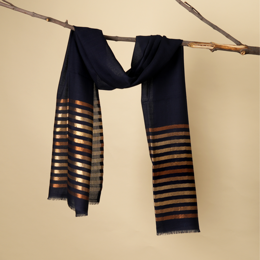 Winter Glow Wool Zari Stole-Navy Blue