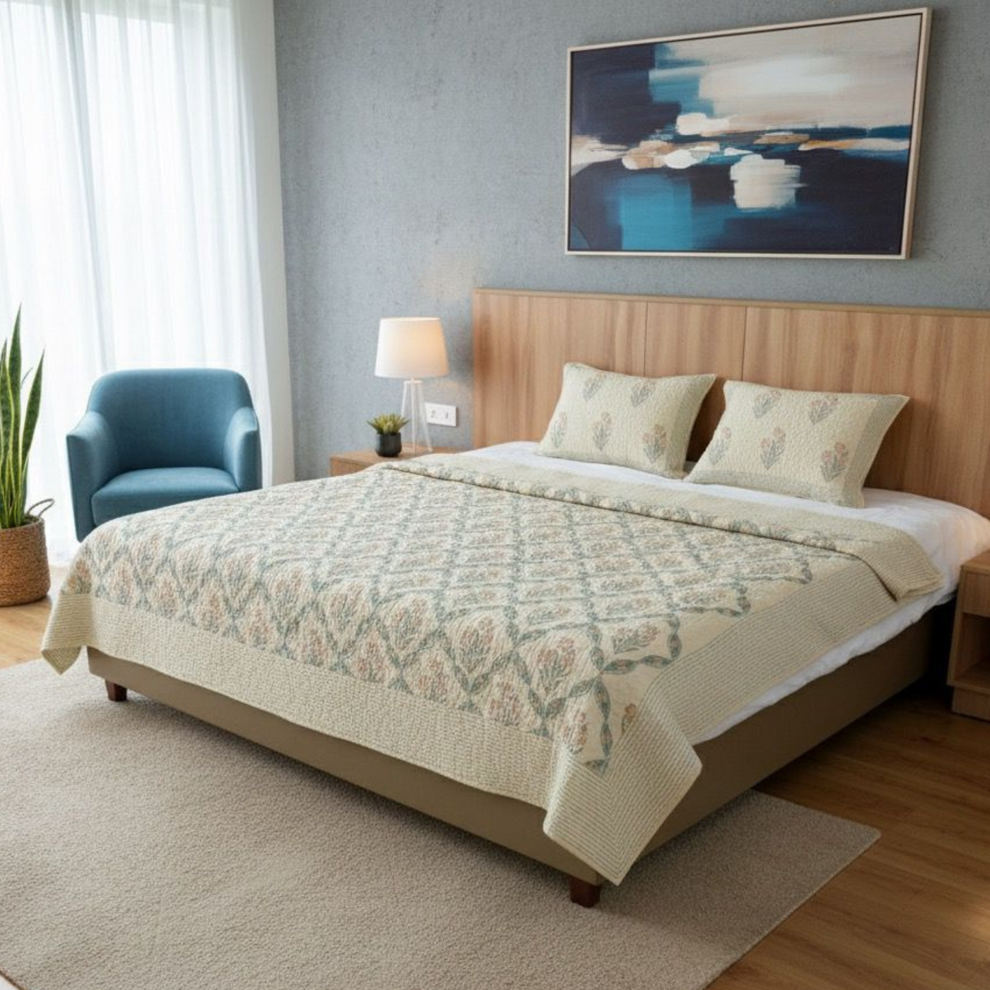 Iris Handblock Quilted Bedcover