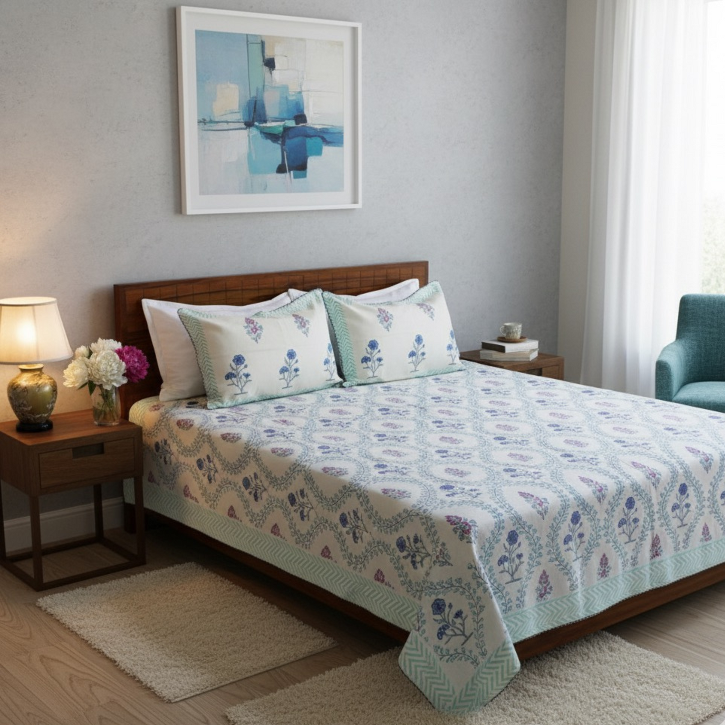Anand Bagh Lotus Garden Handblock Bedcover