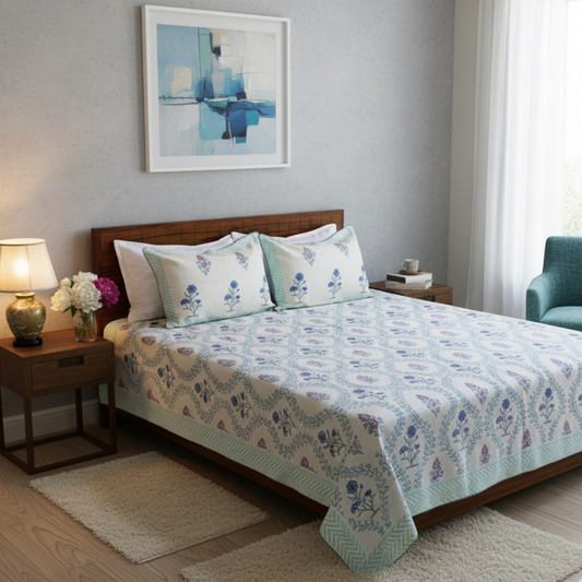 Anand Bagh Lotus Garden Handblock Bedcover