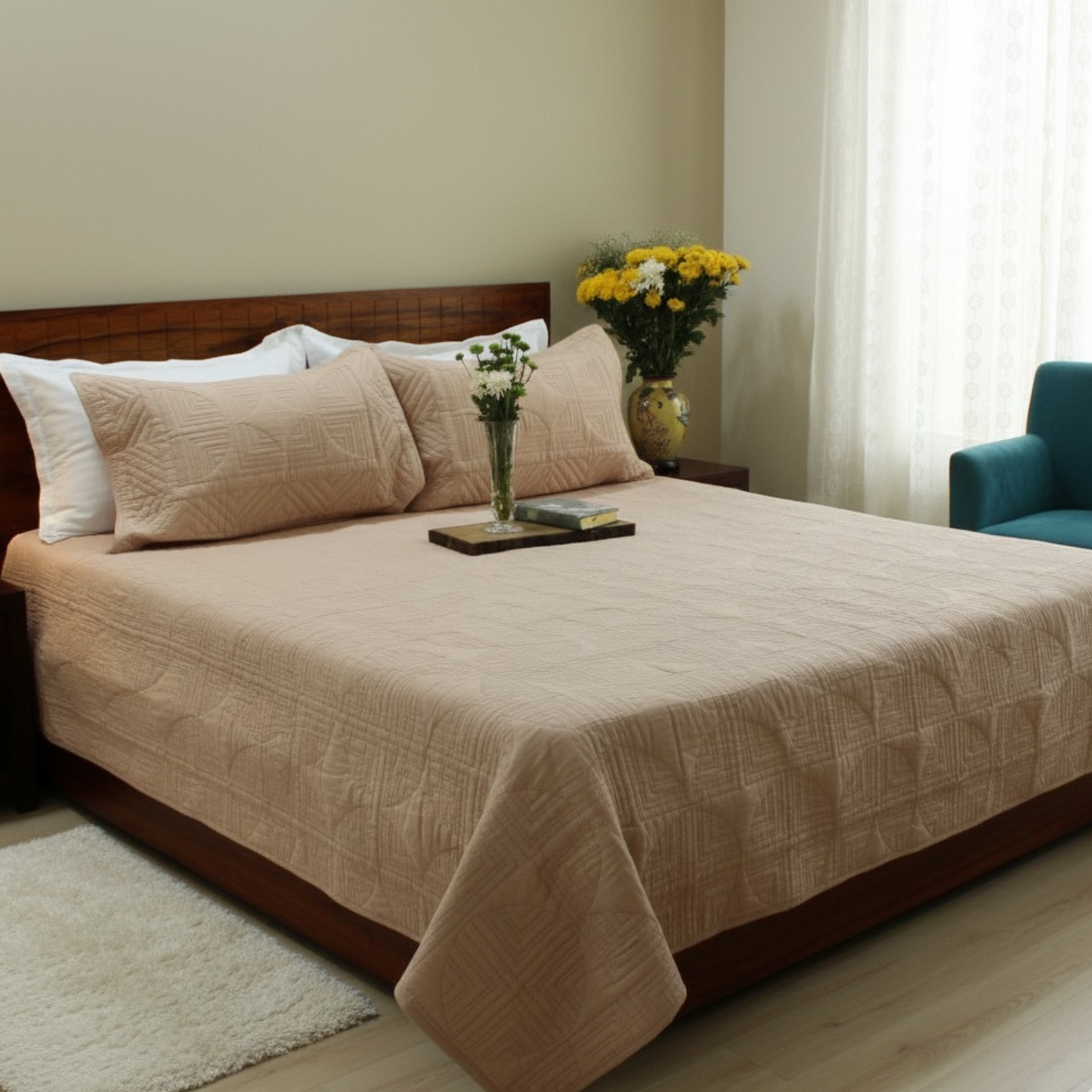 Serene Stitch Quilted Bedcover – Peach Mist