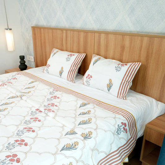 Hand block printed cotton, pure cotton filling, quilted design, exquisite comfort, artisanal craftsmanship