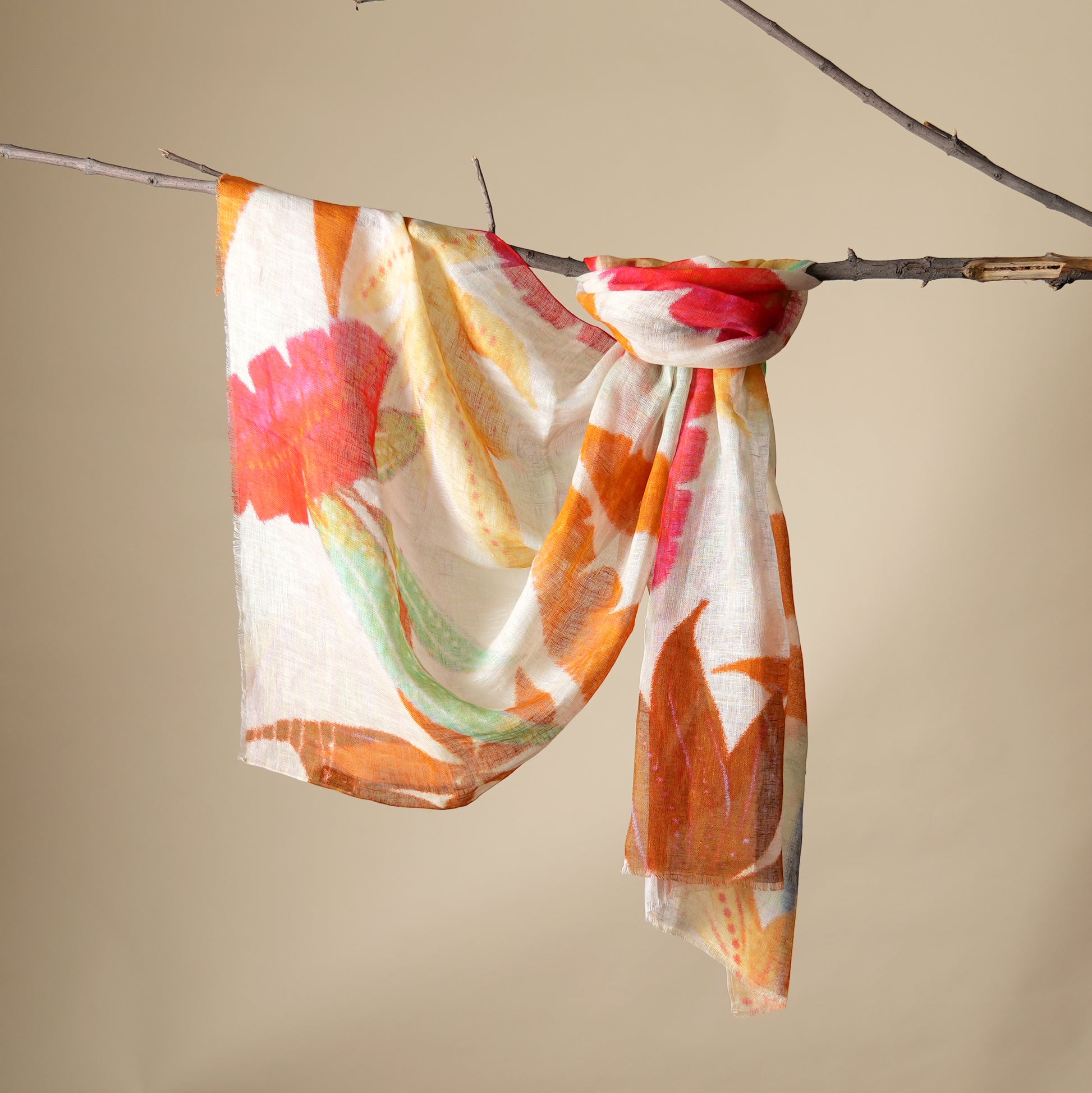 Finest linen fibers, captivating abstract print, effortless sophistication, timeless elegance, luxurious feel