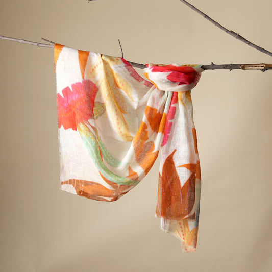 Finest linen fibers, captivating abstract print, effortless sophistication, timeless elegance, luxurious feel