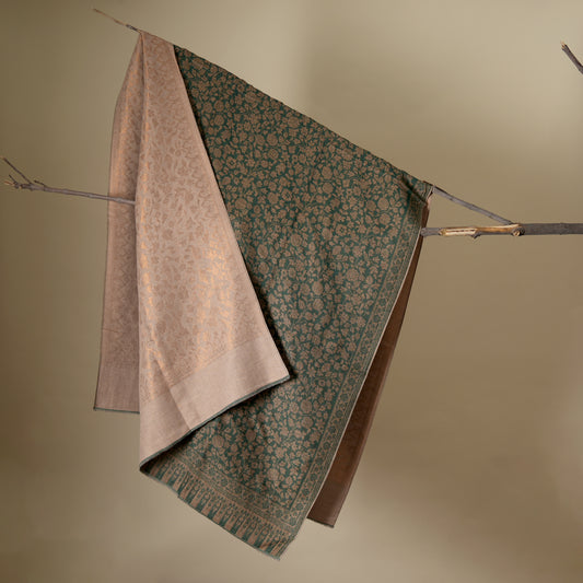Wool blend, metallic yarns, reversible design, intricate zari work, handwoven, artisanal craftsmanship, heritage luxury, timeless elegance