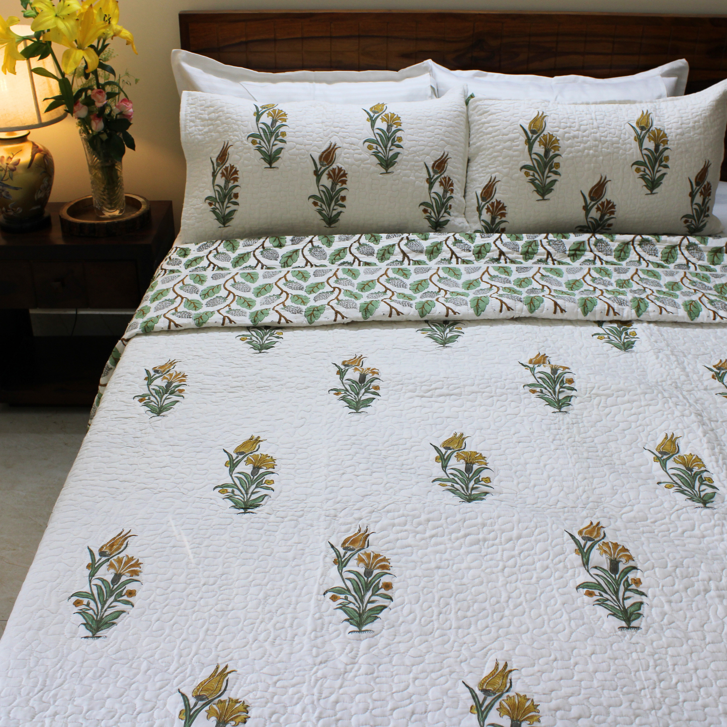 Handblock printed cotton, artisanal craftsmanship, luxurious comfort, unique design, two layers with pure cotton filling, quilted with precision
