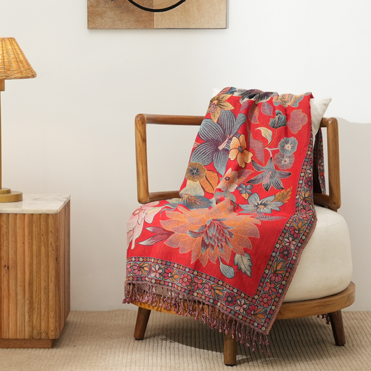 red throw blanket, luxury throw, paisley throw
decorative throw, cotton wool throw, bohemian decor, living room accessories, vibrant home textiles
