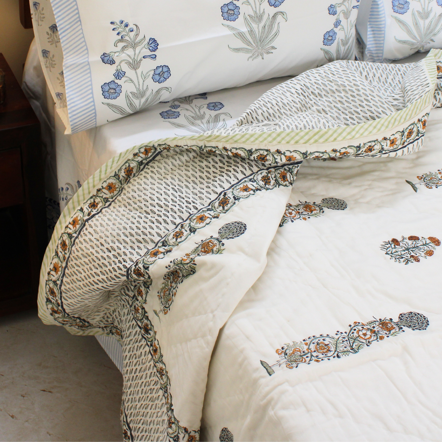 Organic Cotton, Hand Block Printed, Mughal Garden Motifs, Luxurious Comfort, Traditional Indian Artistry