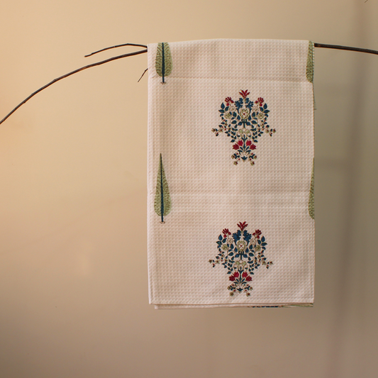 Cotton; Hand-blocked designs, Exceptional absorbency, Quick-drying, Lightweight and breathable, Soft texture