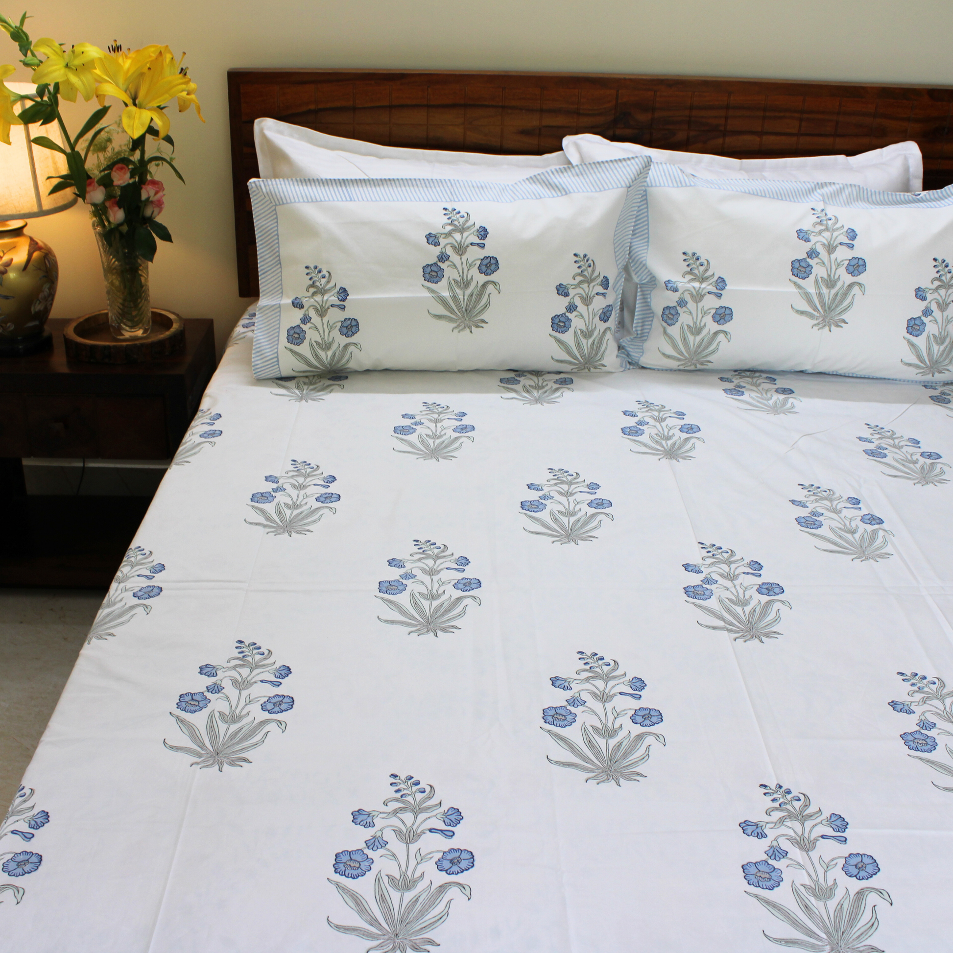 100% Cotton, handblock-printed, vibrant hues, serene comfort, fresh and artistic design